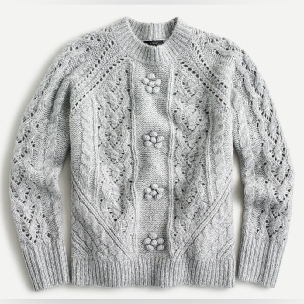 J.Crew Cable-knit pointelle sweater with popcorn flowers, gray, sz M